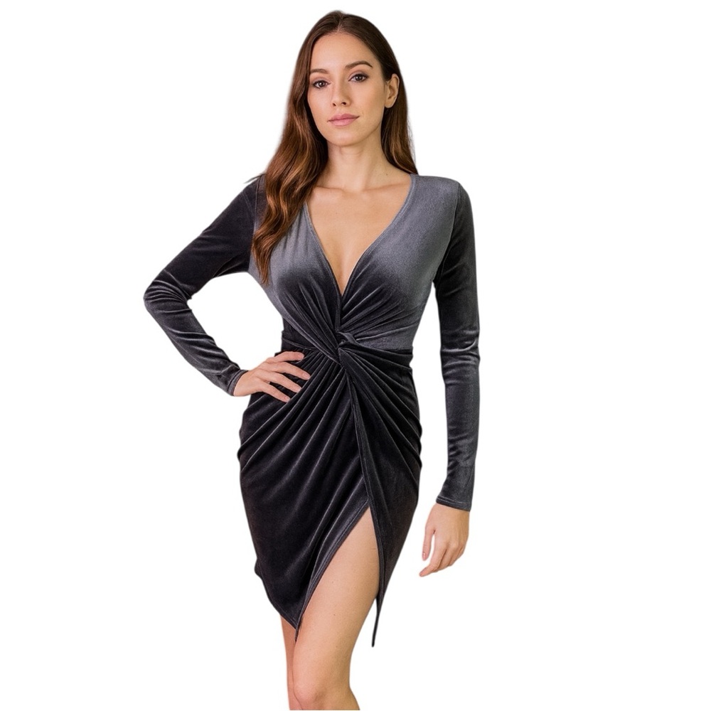 AKIRA sz M velvet gray twisted knotted front sexy bodycon plunge cocktail dress